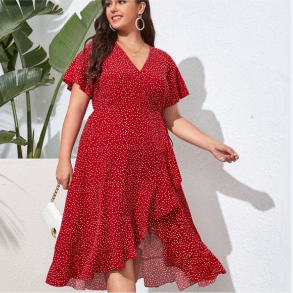BloomChic Scarlet Asymmetrical Dress with Dots - Picture 1 of 9
